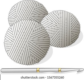 Ball of wool for knitting and crochet hook. Vector illustration image on white background.