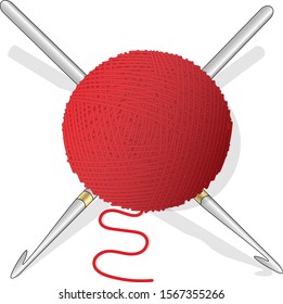 Ball of wool for knitting and crochet hook. Vector illustration image on white background.
