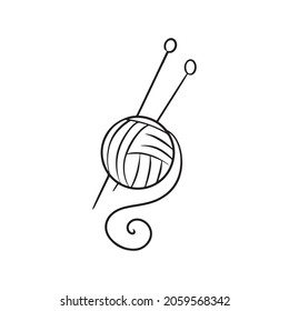 Una bola de lana y agujas de punto. Esbozo de Doodle aislado sobre fondo blanco. Ilustración dibujada por mano