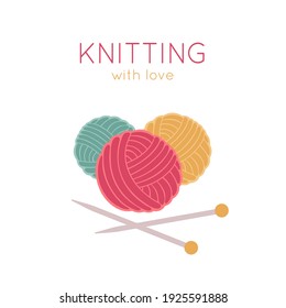 Ball of wool for knitting and knitting needles. Hand made, needlework. Knitting studio, workshop advertising design.