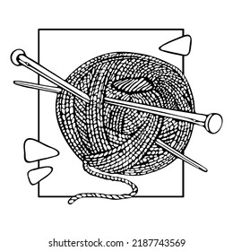 Ball of wool with knitting needles monochrome hand-drawn vector illustration. Needlework concept for logo design, coloring page