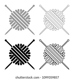 Ball of wool yarn and knitting needles icon set grey black color outline