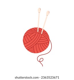 Ball of wool yarn with knitting needles. Knitting, needlework, hobbies. Wool threads. Vector illustration in flat style