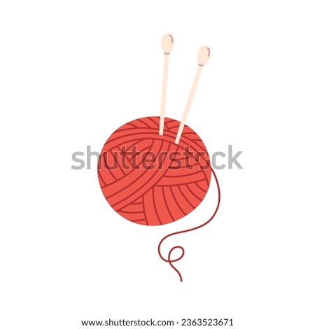 Ball of wool yarn with knitting needles. Knitting, needlework, hobbies. Wool threads. Vector illustration in flat style