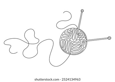 Ball of woolen thread with knitting needles in one continuous line. Linear silhouette, hand drawn in minimalism. Vector editable outline