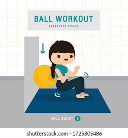Ball Workout. Woman doing Stability ball exercise and yoga training at gym home, stay at home concept. Character Cartoon Vector illustration