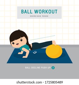 Ball Workout. Woman doing Stability ball exercise and yoga training at gym home, stay at home concept. Character Cartoon Vector illustration