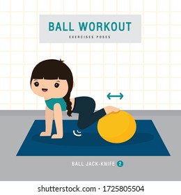 Ball Workout. Woman doing Stability ball exercise and yoga training at gym home, stay at home concept. Character Cartoon Vector illustration