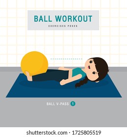 Ball Workout. Woman doing Stability ball exercise and yoga training at gym home, stay at home concept. Character Cartoon Vector illustration