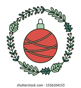 ball with wreath branch berries decoration celebration merry christmas vector illustration