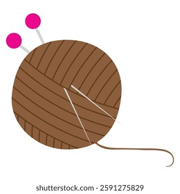 Ball of yarn with 2 knitting needles vector illustration. Knitting equipment concept in colored doodle style. Skein, woll sticker, icon or print. Isolated on white background.