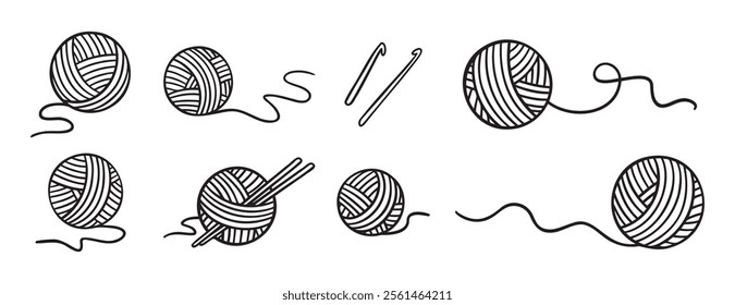 Ball of yarn or clews of thread for knitting doodle hand drawn icon set. Outline drawing ball of yarn line clipart symbol collection. Vector illustration