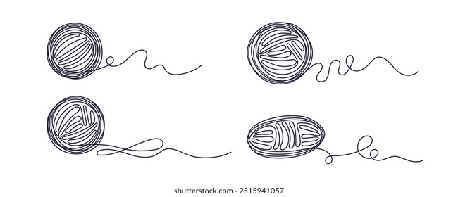 Ball of yarn continuous line set. Crafting hobby. Merino for knit needles, cotton for crochet, linen, wool. Vector sketch symbol for handmade design. Round skein of knitting thread isolated