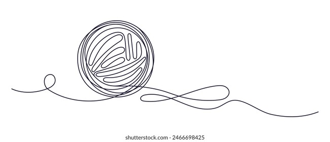 Ball of yarn continuous line sign. Round skein of knitting thread isolated on white background. Merino for knit needles, cotton for crochet. Crafting hobby. Vector sketch symbol for handmade design