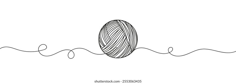 Ball of yarn continuous line sign. Round skein of knitting thread isolated on white background. Merino for knit needles, cotton for crochet. Crafting hobby. Vector sketch symbol for handmade design