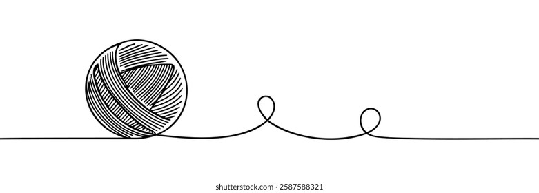 Ball of yarn continuous line sign. Round skein of knitting thread isolated on white background. Merino for knit needles, cotton for crochet. Crafting hobby. Vector sketch symbol for handmade design