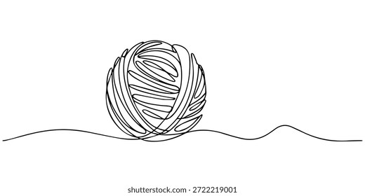 Ball of yarn in continuous one line art drawing style, One continuous single line of Clew ball of thread. Hand drawn one line vector. Editable stroke, Ball of yarn in continuous line art drawing style
