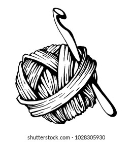 A ball of yarn and a crochet hook. Black and white vector illustration. Graphics.