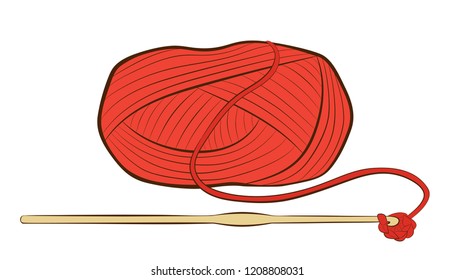 Ball of yarn with crochet hook isolated on white background