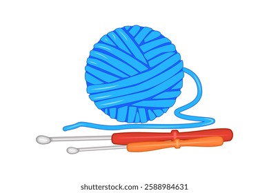 Ball of yarn and crochet hook isolated on white background. Hobby, needlework, homework. Tools for knitwork, handicraft, crocheting, and crochet. Handmade and hobby. Stock vector illustration