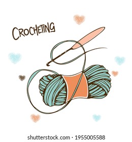 Una bola de hilo con gancho de crochet. Vector.