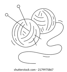 Ball of yarn in doodle sketch style. Hand draw clews of thread for knitting. Simple Yarn balls and knitting needles. Black outlines isolated on a white background. Vector illustration for print, logo.