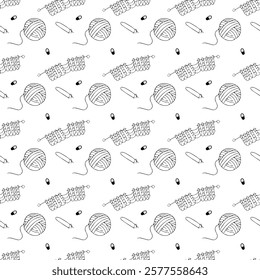 Ball of yarn and fabric on knitting needles. Doodle style. Seamless pattern.