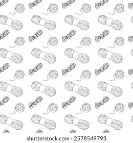 Ball of yarn, factory skein and small skein with yarn leftovers. Doodle style. Seamless pattern.