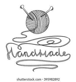 ball of yarn with handmade inscription. yarn texture hand drawn pencil sketch emblem label for handmade things creative view. doodle lines curls swirls