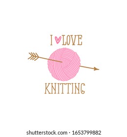 Ball of yarn isolated on white background – stock illustration. I love Knitting, lettering. ball of thread with an arrow