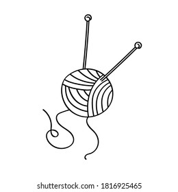 Una bola de hilo y agujas de punto. Dibujo lindo al estilo Doodle. Ilustración vectorial aislada en un fondo blanco.