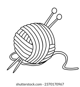Ball of yarn and knitting needles, hobby or DIY, doodle style flat vector outline for coloring book