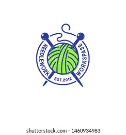 Ball of yarn and knitting needles. Needlework logo. Handmade product community. Business card Knitting, embroidery and sewing chat. Handicrafts Shop.