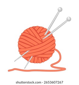 Bola de fio e agulhas de tricô em fundo branco.Queda de fio com agulhas.Ferramentas para malha, artesanato, crochê, tricô de mão. Clews, meadas de lã.Hobby e ilustração handmade.Vetor