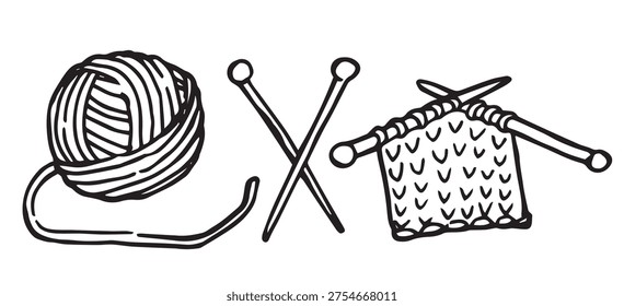 A ball of yarn and knitting needles. A set of doodle illustrations.