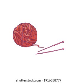 Ball of yarn for knitting and needles in sketch cartoon style vector illustration isolated on white background. Sign or symbol of knitting hobby and handcrafting.