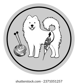 Letrero de lana de hilado de bolas. Perro blanco Samoyed y Spindle.  Ilustración vectorial