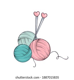 Ball of yarn and needles in doodle style isolated on white background.