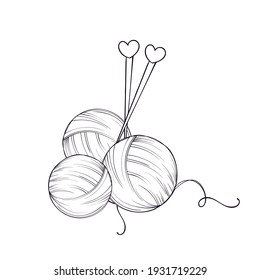 Ball of yarn and needles in doodle style on white background