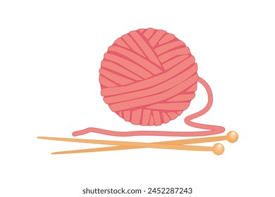 Ball of yarn and needles isolated on white background. Skein of yarn with knitting needles. Knitting tools. Clews, skeins of wool. Handmade and hobby. Stock vector illustration