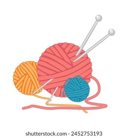 Ball of yarn and needles isolated on white background. Skein of yarn with knitting needles. Knitting tools. Clews, skeins of wool. Handmade and hobby. Stock vector illustration