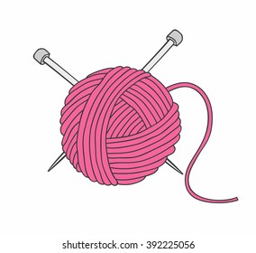 Ball of yarn and needles isolated on white background