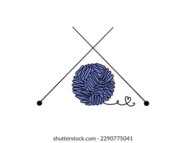 A ball of yarn and needles, one line pattern. Knitting logo, icon. Hobby mark, handicrafts in the style of line art.  Thread in a skein. Vector illustration on isolated background.