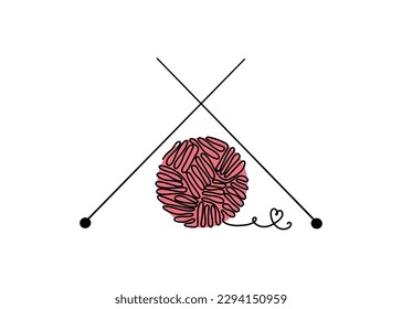 A ball of yarn and needles, one line pattern. Knitting logo, icon. Hobby mark, handicrafts in the style of line art.  Thread in a skein. Vector illustration on isolated background.