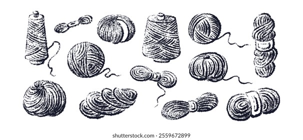 Ball of yarn. Round skein of knitting. Hand drawn in chalk on white background. Crafting hobby. Merino for knit needles, cotton for crochet, linen, wool. Vector sketch scribble set for handmade design