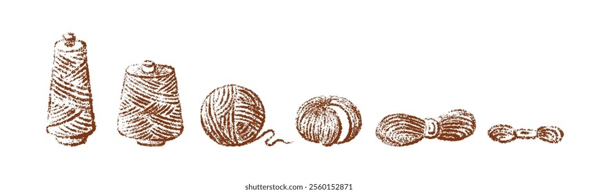 Ball of yarn. Round skein of knitting. Merino for knit needles, cotton for crochet, linen, wool. Hand drawn in chalk on white background. Crafting hobby. Vector sketch scribble set for handmade design