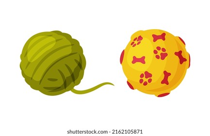 Ball of yarn and rubber ball. Toys for pet animals set cartoon vector illustration