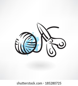 ball of yarn and scissors grunge icon
