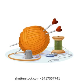 A ball of yarn, a spool of thread with a needle, knitting needles, a thimble. Hobbies, needlework, set of objects, vector graphics