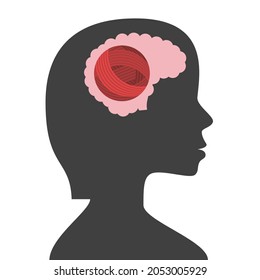 Ball of yarn, thread inside brain of woman. Knitting, crocheting, mind, thinking, order, organization, self-discipline concept. Flat design. Vector illustration. EPS 8, no gradients, no transparency